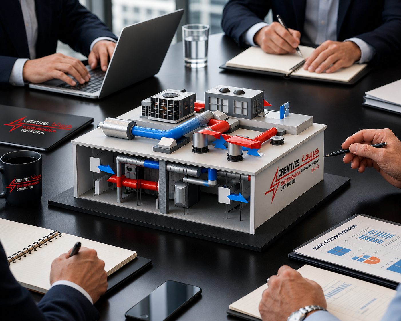 Creatives Electromechanical team reviewing project compliance documentation