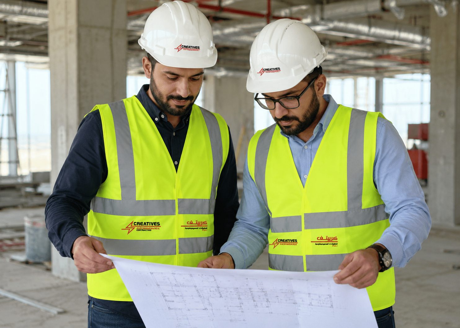 Creatives Electromechanical engineers reviewing site blueprints
