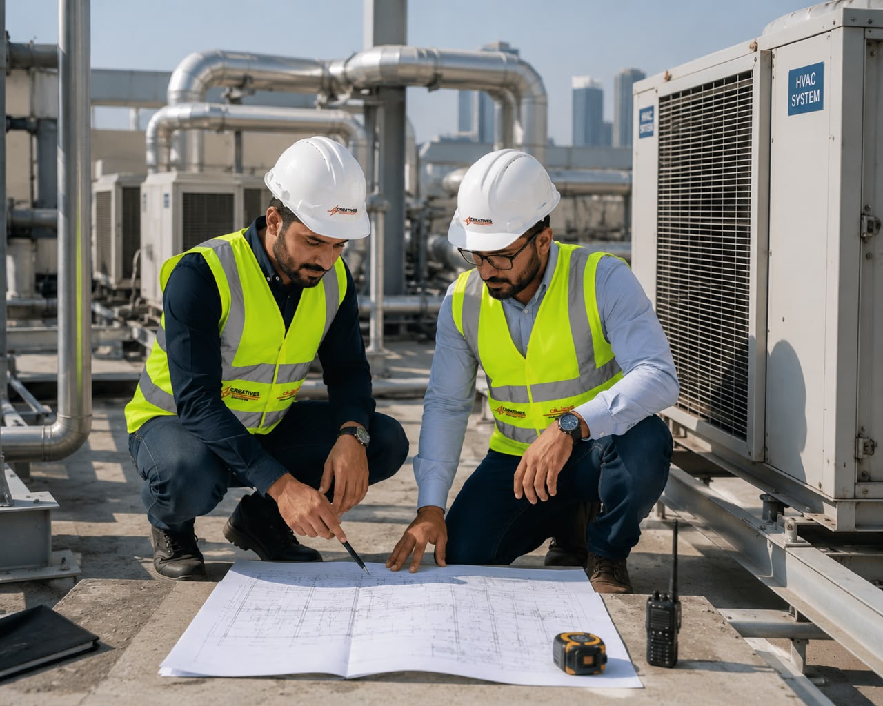 Creatives Electromechanical engineers inspecting a rooftop HVAC system