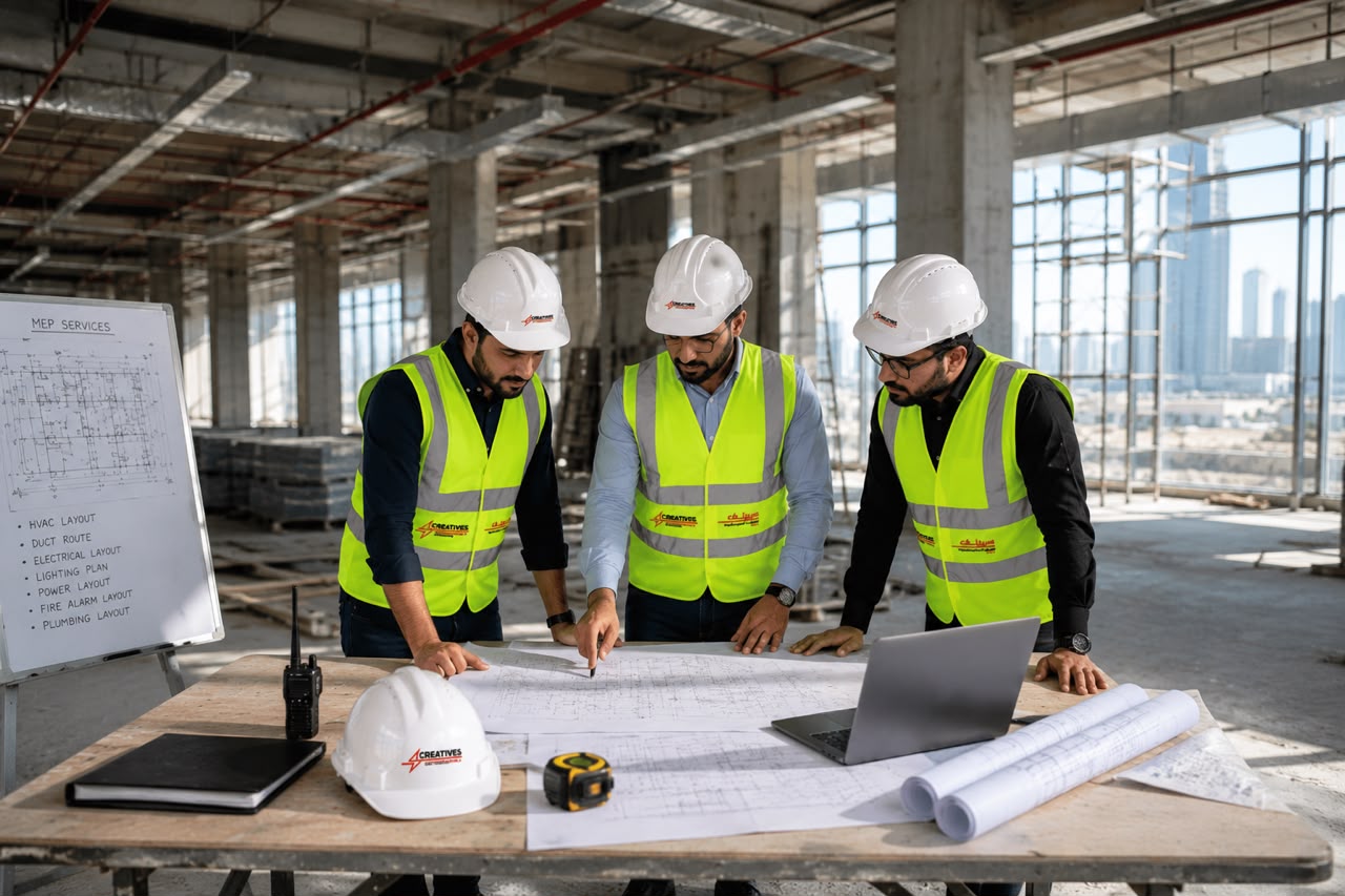 Creatives Electromechanical engineers reviewing an MEP maintenance schedule on site