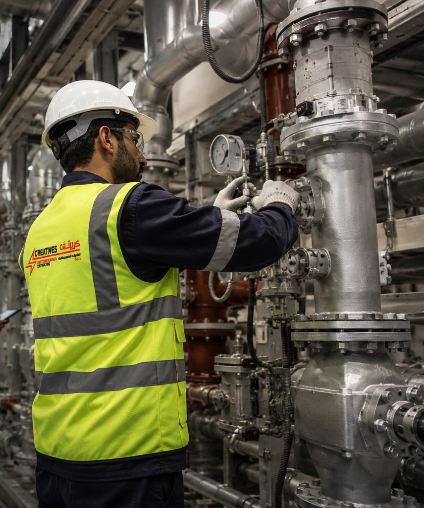 Creatives Electromechanical technician servicing MEP plant room piping